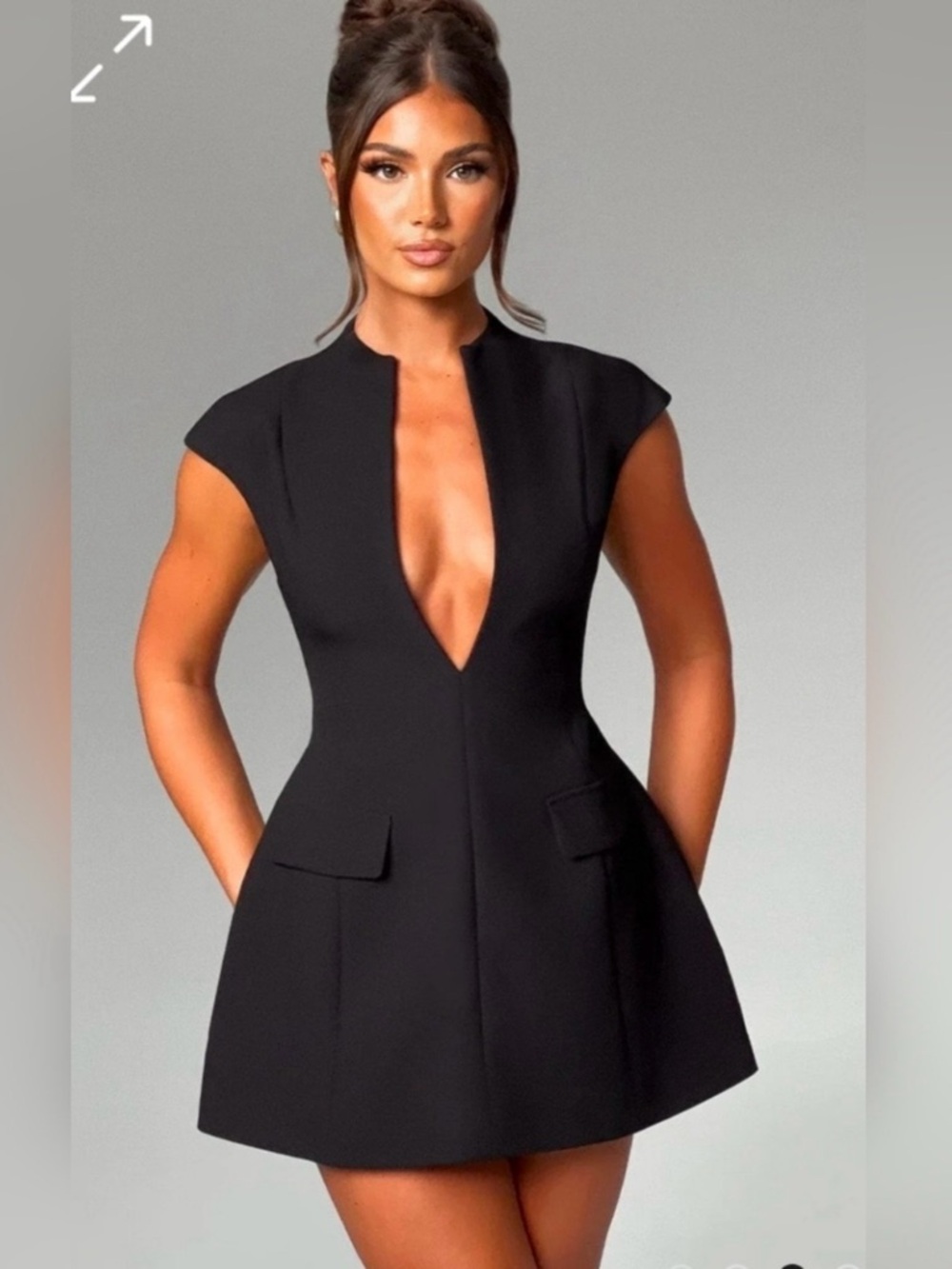 ISO BabyBoo Suri Sleek Black Cap-Sleeve Mini Dress with Plunge Neckline